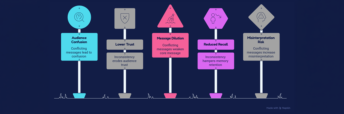 Five signposts showing the costs of inconsistent messaging: audience confusion, lower trust, message dilution, reduced recall and misinterpretation risk.